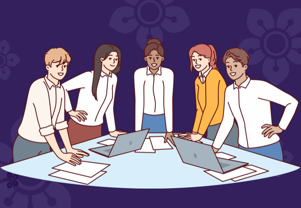 A pencil sketch of people from different backgrounds working together at a round table.